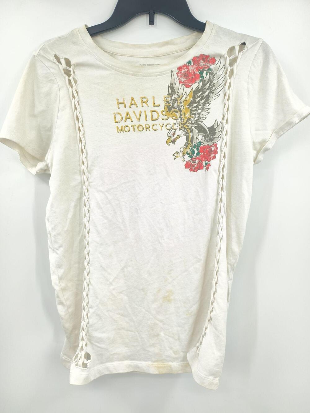 Stained Harley-Davidson Shirt Womens S White Floral Braided Strap Graphic Y2K